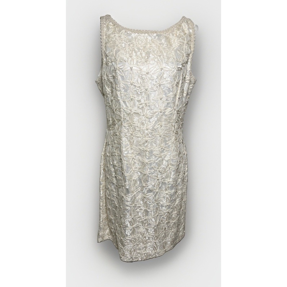 Vintage Scala Ivory Beaded Laced Embroidered Sheath Dress Womens Size XL 90s